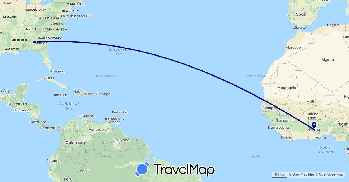 TravelMap itinerary: driving in Ghana, United States (Africa, North America)